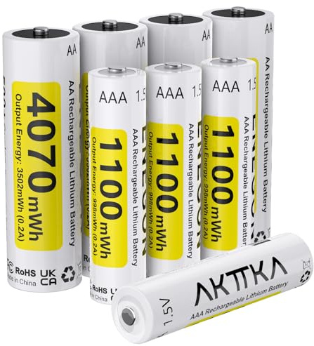 AKTTKA 4 Piles AA + 4 Piles AAA Lithium Rechargeables,AA 4070mWh & AAA 1100mWh,1,5V.Parfaitement Adaptées Aux Télécommandes,balances Électroniques,thermomètres,capteurs,manettes De Jeu Et Autres