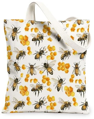 Bee Canvas-Tragetasche für Damen, Natur, künstlerische Wabenmuster, Honig, Sommergelb, waschbar, wiederverwendbar, ästhetische Tragetasche für Geschäfte