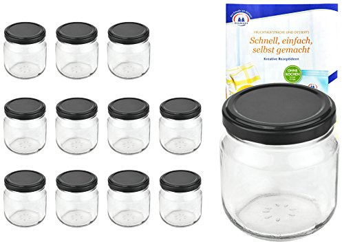 MamboCat 12er Set Rundgläser 212 ml nieder Deckelfarbe schwarz to 66 inkl. Diamant Gelierzauber Rezeptheft, Marmeladengläser, Einmachgläser, Einweckgläser, Gläser
