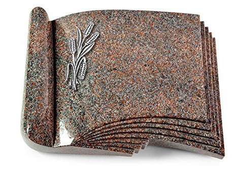 MEMORUM Grabmale Grabbuch, Grabplatte, Grabstein, Grabkissen, Urnengrabstein, Liegegrabstein Modell Prestige 40 x 30 x 8-9 cm Paradiso-Granit, poliert inkl. Gravur (Aluminium-Ornament Ähren 1)