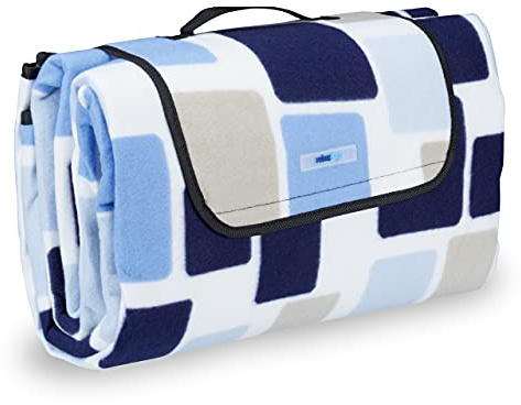 Relaxdays Manta Picnic XXL, 200x200 cm, Suelo Camping, Termoaislante, Esterilla Playa Plegable, con Asa, Azul y Beige