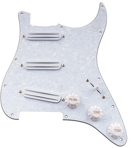 Musiclily SSS Battipenna Precablato Pre-Wired Loaded Strat Pickguard con Hot Rail Humbucker Pickup Formato Single Coil Set per Chitarra Elettrica Fender Squier Strat, 4 Strati White Pearl