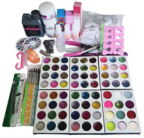 TEEROVA Professional 72 Acrylic Powder Liquid Brush Glitter Clipper Primer File Nail Art Tips Set Kit