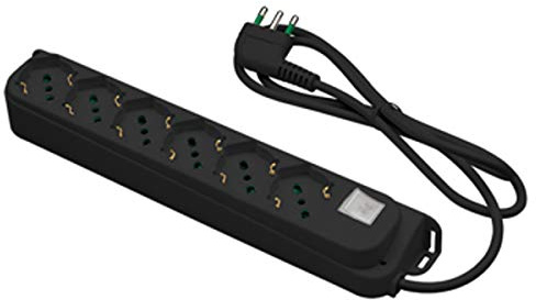 FANTON Multipresa OMEGA 40431, 6 Prese Bipasso/Schuko con Interruttore - Cavo 1,5m - Spina Italiana 16A Angolata - Colore Nero