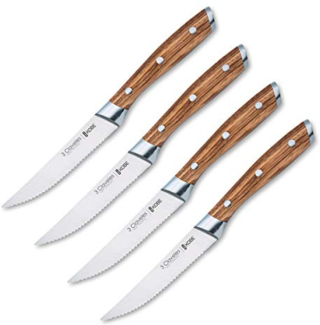 3 klavlor – set med 4 smidda stekknivar i rostfritt stål 3Cr13 Kobe-sortiment, kastanjeträhandtag