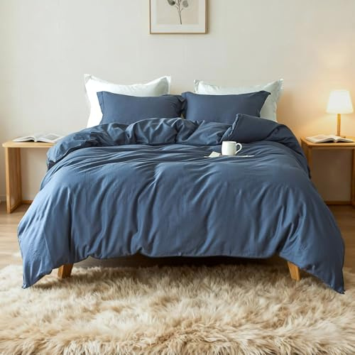 Simple&Opulence French Linen Duvet Cover Set 88 x 92- 3 Pieces (1 Comforter Cover,2 Pillowcases)- Natural Flax Cotton Blend-Solid Color Breathable Farmhouse Bedding-Navy Blue, Queen