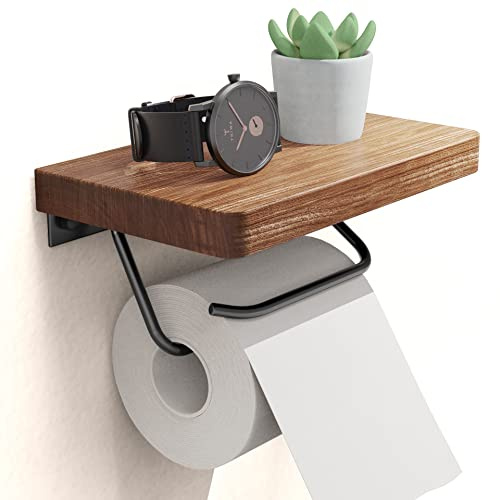 NiHome Walnuss Toilettenpapierhalter Ohne Bohren, Klopapierhalter mit Ablage, Klorollenhalter Wandmontage mit 2 Montagemethoden, Verstellbar, Rostfrei, Einfaches Abreißen, Rustikaler Landhausstil