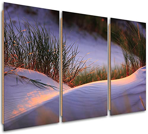 Feeby 3-teilig Wandbild XXL 120x80 cm Wolken Meer Himmel Strand Wandbild Kunst Bilder Schlafzimmer Deko Wohnzimmer Sand Dünen Gras Nahaufnahme Violett