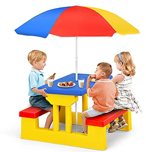 KOMFOTTEU Kinder Sitzgruppe mit Sonnenschirm, Kindermöbel mit 1 Tisch & 2 Bänke, Kindersitzgruppe aus PP, Picknick Set für Park Garten Camping, Blau+Rot+Gelb