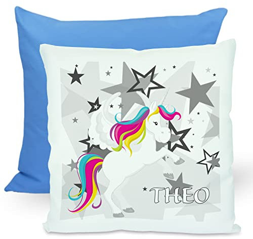 CreaDesign, Kinder Kissen 40x40 cm personalisiert mit Namen, Kinderzimmer Deko Kissen Kinder mit Füllung Federn, Motiv Einhorn Sterne grau, Rückenfarbe Blau