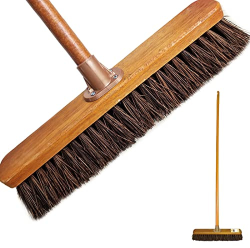 18” Stiff broom Natural Bassine Hard Bristle Sweeping Brush with Wooden Handle Outdoor Cleaning Brush for Patios Cleans Dirt Perfect for Artificial Grass Brush and Industrial Cleaning (Pack of 2)