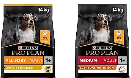PURINA PRO PLAN Adult Light/Sterlised, Hundefutter trocken, reich an Huhn, 1er Pack & PURINA PRO PLAN Medium Adult Sensitive Skin, Hundefutter trocken, reich an Huhn, 1er Pack