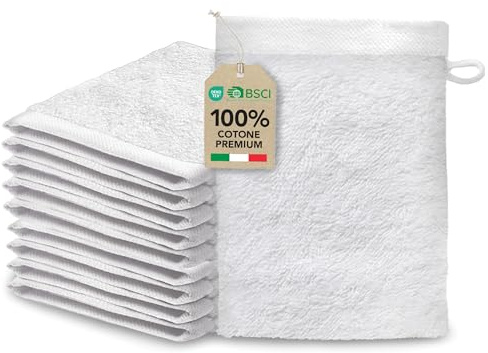 Ôhm Guanti da Bagno in Spugna di Cotone 500 g/m² – Manopole Doccia 15x20 cm Bianco – Guanti Spugna Morbidi per Doccia, Igiene Quotidiana e Anziani – OEKO-TEX – Set 10