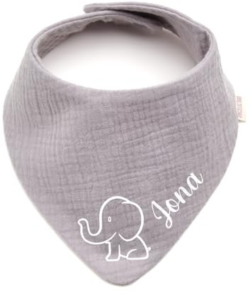 Personalisiertes Dreieckshalstuch aus Baumwolle/Musselin | Elefant mit Namen | Halstuch für Jungen, Mädchen | Viele Farben