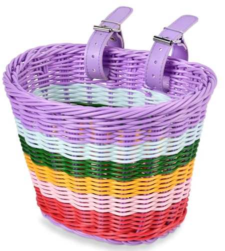 flintronic Kids Bike Basket Handwoven Cycle Basket, Bicycle Basket Wicker Basket Girl Rattan Basket, for Scooter Tricycle Stroller with Bike Accessories Easy Install Detachable-Colorful