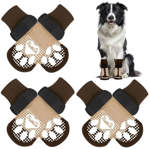Eyein 3 Paar Doppelseitige Anti-Rutsch Socken für Hunde, Weiche Hundesocken Pfotenschutz mit verstellbarem Klettverschluss für Hartholzböden in Innenräumen, Braun, S