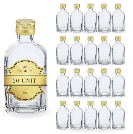Espirito Rebelde Pack de 20 Mini Bouteilles en Verre Safira 50ml avec Bouchon a Vis Doré- Mignonnettes Alcool 5cl, Petites Fioles Échantillons- Idéal pour Cadeaux, Mariages