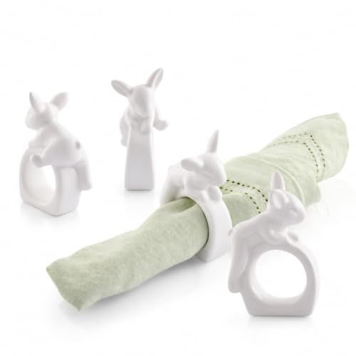 Arthur Court Serviettenringe, weißes Steingut, Kletterhasen-Design, 4er-Set, langlebig und charmant, ideal für Ostern und Frühling, verleiht Eleganz und Verspieltheit
