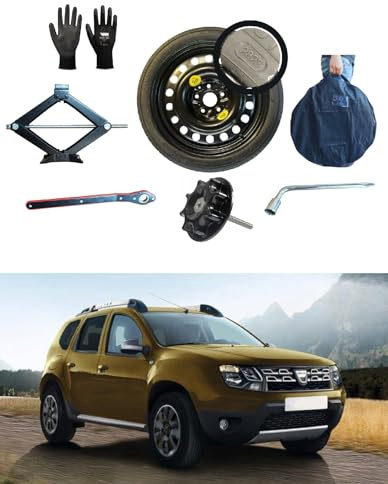 Kit de roue de secours 17 compatible avec Dacia Duster avec Cric, Clé, Gants, Vis et Sac 135/90R17