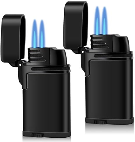 Navpeak Mini Double Torch Lighter Windproof Butane Refillable Metal Lighters Compact Pocket Gas Torch with Dust Cover (Butane Not Included) (（2 Pack）Black)