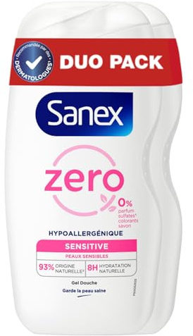 Sanex Zero% Sensitive hypoallergen duschgel 475 ml Innehåller varken parfym, färgämnen, sulfat*, tvål, återfuktning i 8 timmar, dermatologiskt testad
