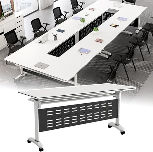 Mesa de Reuniones Mobile Foldable Conference Table, Save Space Rolling Meeting Table with Locking Wheels, Meeting/Training Table for Classroom or Office(White,140x40x75cm)