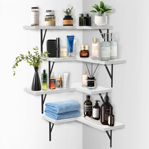 Wlicon Flytande hörnvägghyllor set med 4, vita hörnhyllor väggmonterad set modern rustik stil, väggmonterade visningshyllor trä för sovrum, vardagsrum, badrum, köksdekor (vit)