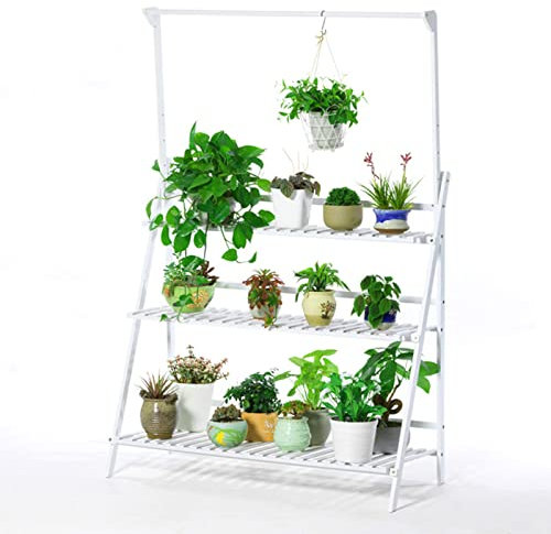 Bamboo 3 Tier Plant Display Rack Foldable Plant Shelf for Garden Patio and Balcony 56 Height Plant Stand with Hanging Planter Rack White Indoor/Outdoor Decoration Stand