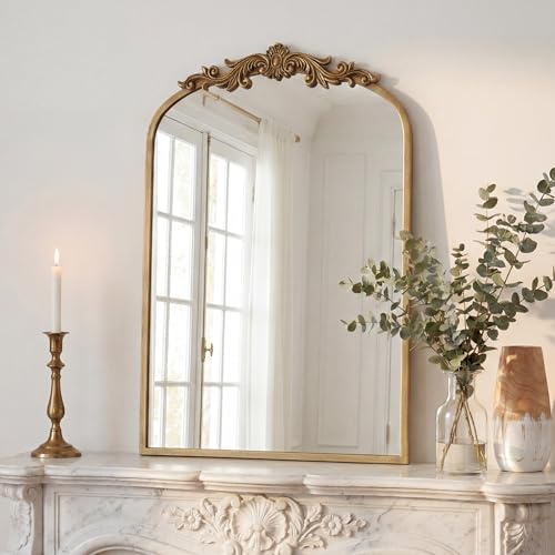 PERFNIQUE Gold Vintage Spiegel, 88 x 60 cm, gewölbter antiker Barockspiegel für Wand, Messing, traditioneller kunstvoller Spiegel für Badezimmer, Wohnzimmer, Kamin, Eingang, Flur (88 x 60 cm) | Kunstvolle traditionelle Wanddekoration, Anthro-Optik, Möbel für Badezimmer, Wohnzimmer, Kamin, Eingang, Flur