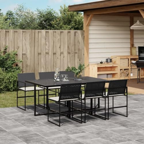 Homgoday Set da pranzo da giardino 7 pezzi e cuscini in rattan sintetico nero, sedia tavolo cucina esterno terrazza patio balcone mobili tipo 73