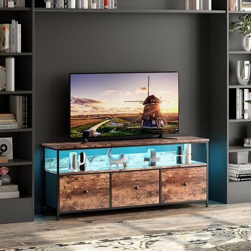 Mueble de TV de 108 cm, Mueble de TV Industrial con 3 Cajones Mesa de TV Salón Mueble de TV LED de Madera Banco de TV con Tiradores Tela Cajones Marco de Acero Mueble de Almacenamiento Industrial para