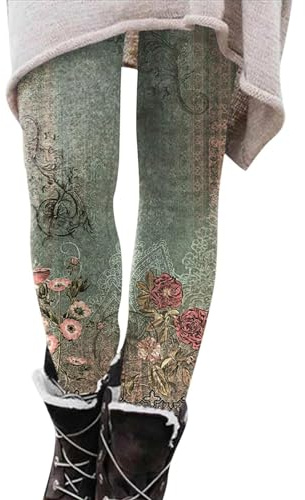 kuiazelit Patterned Leggings for Women UK - Women's Stretch Print Leggings Full Length Leggings Soft Elastic Leggings Tights Workout Gym Yoga Stretchy Pants Trouser Warm Casual Outfits Green