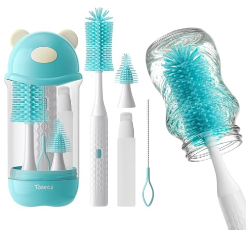 Electric Bottle Brush Cleaner Set, Bear-Shaped Travel Baby Bottle Cleaner Kit with Silicone Nipple & Straw Brush, Soap Dispenser, Drainage Rack, Storage Box(Blue)