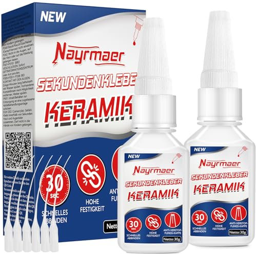 Nayrmaer Keramikkleber, 30g*2 Wasserfester Porzellankleber, Hohe Festigkeit Sekundenkleber für Keramik, Porzellan & Ton, mit Anti-Verstopfungskappe
