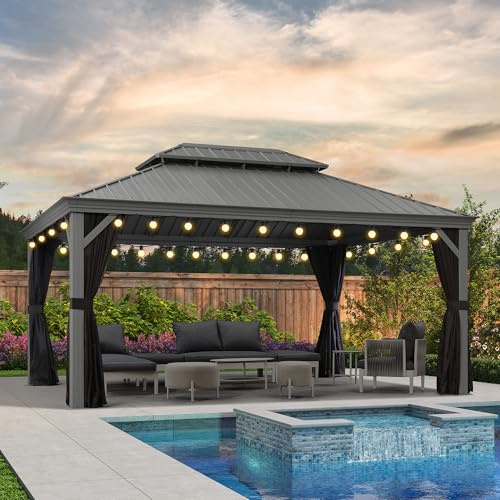 PURPLE LEAF Pavillon 3.65 x 4.85 m Gartenpavillon Wasserdicht Stabil Winterfest mit Seitenwänden Hardtop Pavillon mit 21.9 m 36 LED Licht, Hellgrau