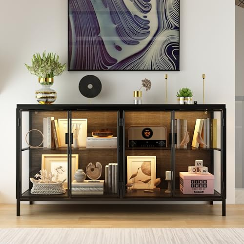 DEZAGCE Vetrina credenza in vetro, credenza in vetro a 2 ante con telaio in ferro, vetrina in vetro con strisce luminose a 3 colori, 40 x 140 x 75 cm, nero