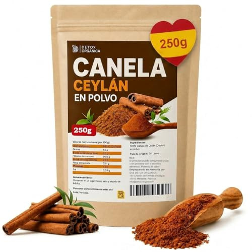 Detox Organica Canela Ceylan en Polvo 250g - Canela de Ceylan - Especia 100% Natural, Suavemente Secada y Molida - Vegana, Sin Aditivos - Ceylon Cinammon Puro - Empaquetado en Alemania