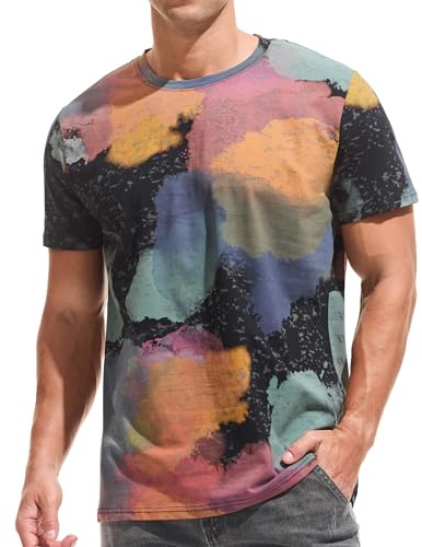 USALL Herren Sommer DruckT-Shirt 95% Baumwolle Casual Atmungsaktives Männer T-Shirt Kurzarm(04 Black XXL)