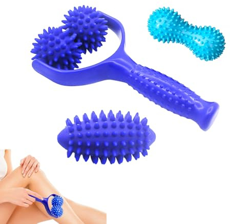 YALiya Rouleau de Massage avec PoignéE, Interchangeable dvec 3 Balles Hérisson, Appareil de Massage Fascia, pour Jambes, Pieds, Épaules, Bras, Mains (Bleu)