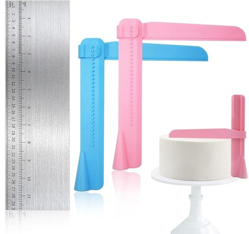 Set 3 Espátulas Tarta,1 Alisador Fondant Acero Inox con Regla + 2 Espátulas Plástico Ajustables para Decorar Tartas - Utensilios Repostería Profesional