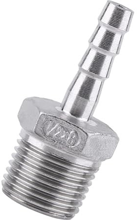 Yctze SS304 Stainless Steel Male Thread Pipe Barb Hose Tail Connector, BSP 1/8~3/4 Inch for Gas, Adaptor Male to Hose Tail Connector (1/2''*8mm)