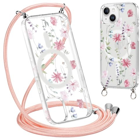 Krdvekm Cordino Cover per iPhone 13 Mini 5,4'', Aesthetic Fiori Motivo Disegno Magnetica Trasparente PC Compatibile con MagSafe Case Corda Laccio Antiurto Protettiva Custodia per Ragazze, Rosa