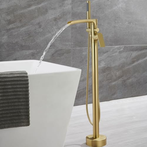 Freestanding Brushed Gold Bath Tap with Shower Waterfall Faucet for Hot & Cold Water Single Handle Floor Standing Bathroom Sink Mixer