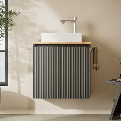 Planetmöbel Conjunto de Muebles de baño Lavabo con Mueble bajo 56 x 55 x 30 cm Antracita, con grifería y Juego de desagüe Cromado para baño, Aseo y Cuarto de baño