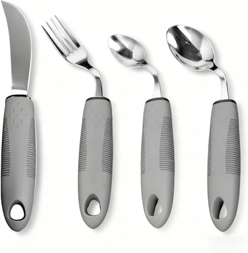 Dulynva 4 Teiliges Parkinson Besteck Griffverdickung Seniorenbesteck 42° Winkel Adaptives Besteck Esshilfen mit Rutschfest Griff für Behinderte Menschen Patienten Ältere Arthritis (Rechtshänder)