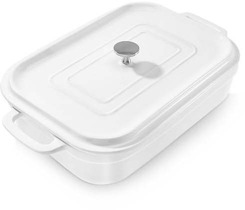 5 Quart Casserole Dish with Lid,Large Baking Dish Cookware,10x13.5 Inch Deep Lasagna Pan with Lid for Oven,Ceramic Bakeware for Baking, Easy to Clean, White