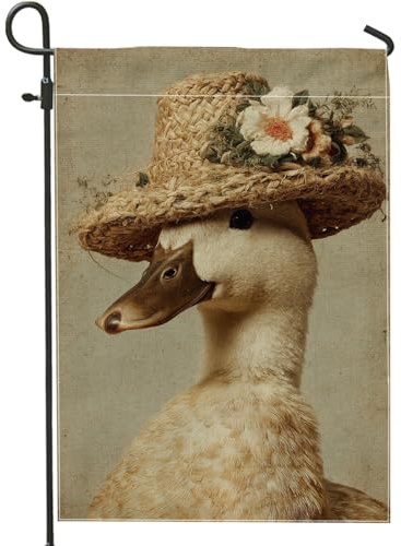 Charmante Enten-Gartenflagge, beigefarbener Strohhut, florales Heimdekor-Banner, doppelseitige Jute-Hofflagge für Frühling, Sommer, Outdoor, Rasendekoration, 30,5 x 45,7 cm