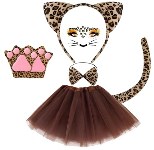BeoTnp Cat Costume, 6PCS Animal Costume Adult Set, Leopard Print Skirt and Ears for Jungle Themed Parties, Halloween, School Performances, Includes Gloves, Tail, Face Stickers