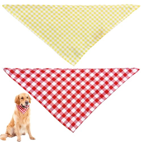 wilcractk Hundehalstuch, 2er Set Halstuch Hund mit Gelbem & Rot-Weiß Kariertem Design, Weiches Hunde Bandana aus Baumwollmischung, für Kleine Hunde & Katzen bis 15 kg, Ideal zu Weihnachten & Alltag
