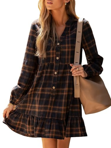 CUPSHE Women Casual Dress Plaid Ruffle Hem V Neck Long Sleeve Button Holiday Tunic Mini Dress Navy M